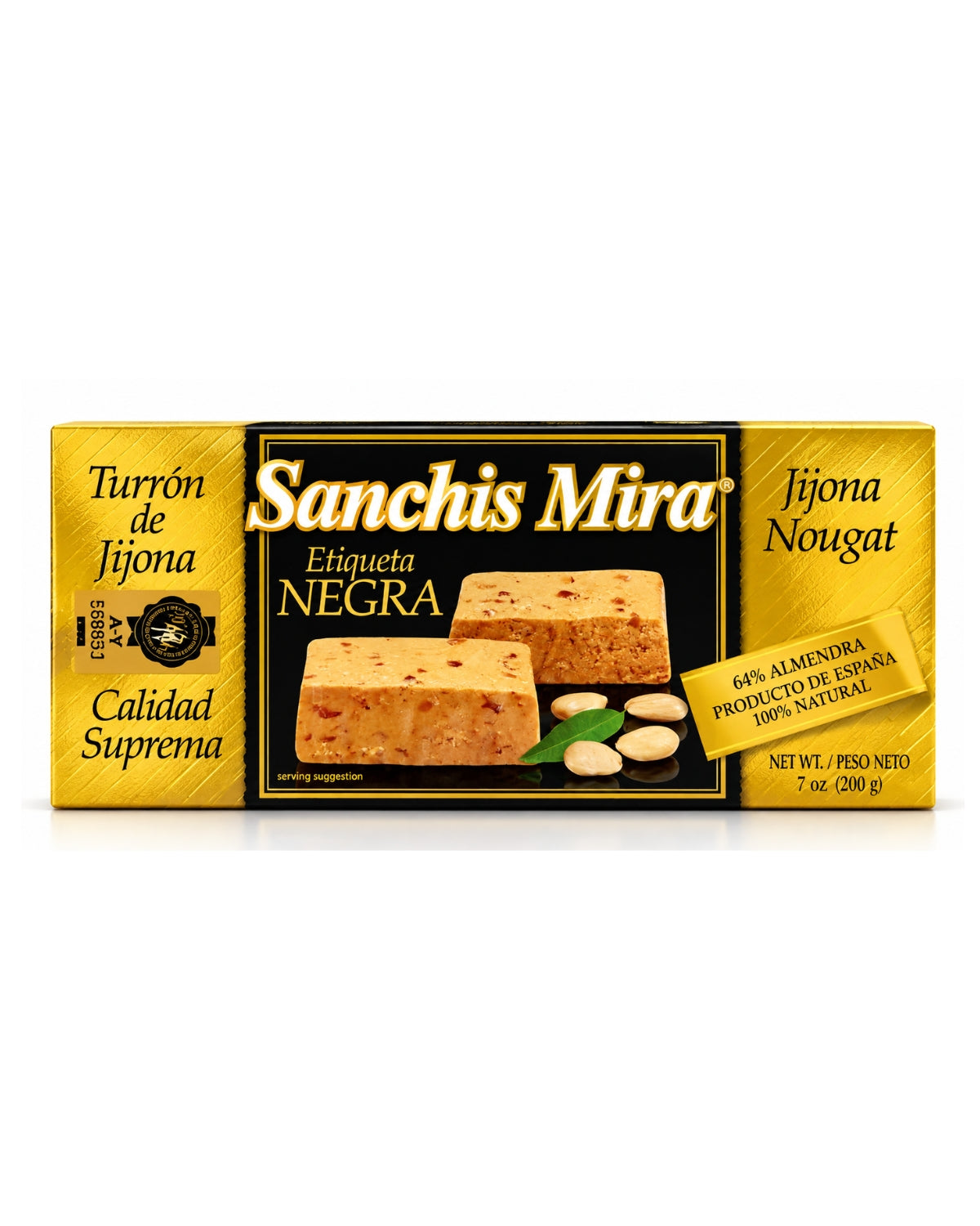 Sanchis Mira Etiqueta Negra Jijona Soft Almond Turrón – Spanish Christmas Nougat 7 oz (200 g)