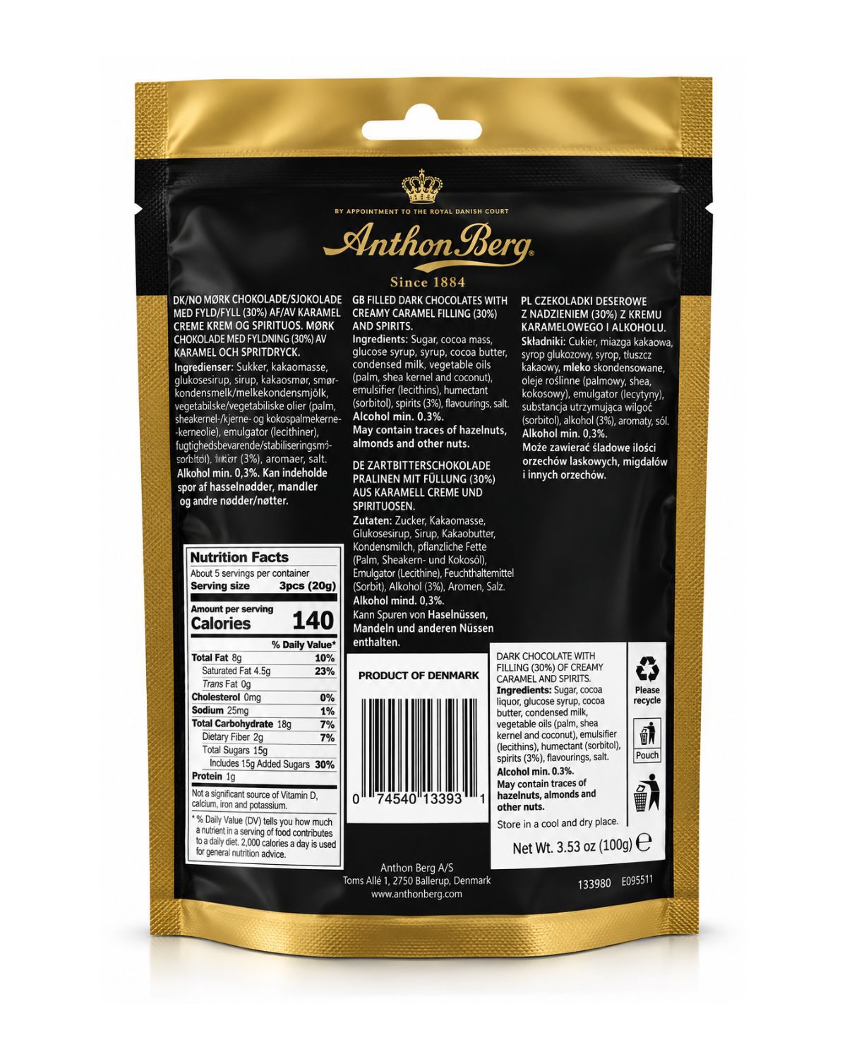 Anthon Berg Dark Chocolate Liqueurs Mini Bars Bag 3.53 Oz