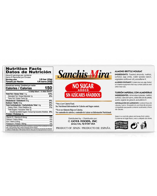 Sanchis Mira Sugar Free Alicante Almond Torrone 7 Oz