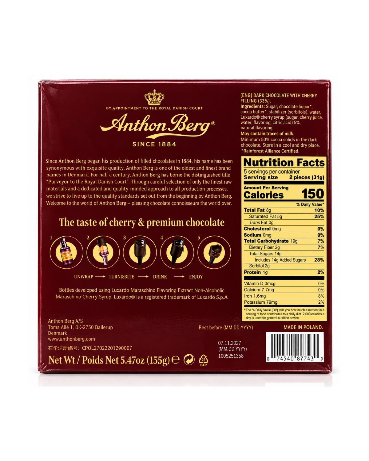 Anthon Berg Luxardo Cherry Chocolate Bottles 155 G