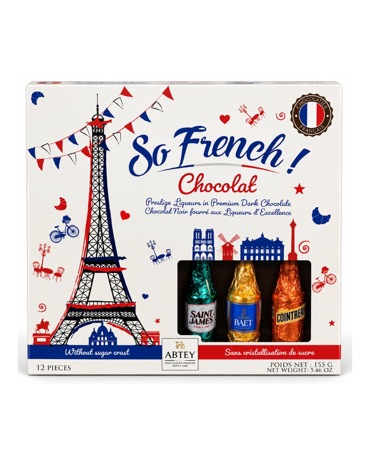 Abtey So French! Dark Chocolate Liqueur Bottles Gift Box – 12 Pieces (5.46 oz)