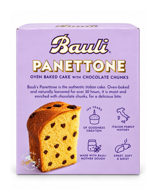 Bauli Chocolate Chip Panettone 470g side packaging Italian baking tradition