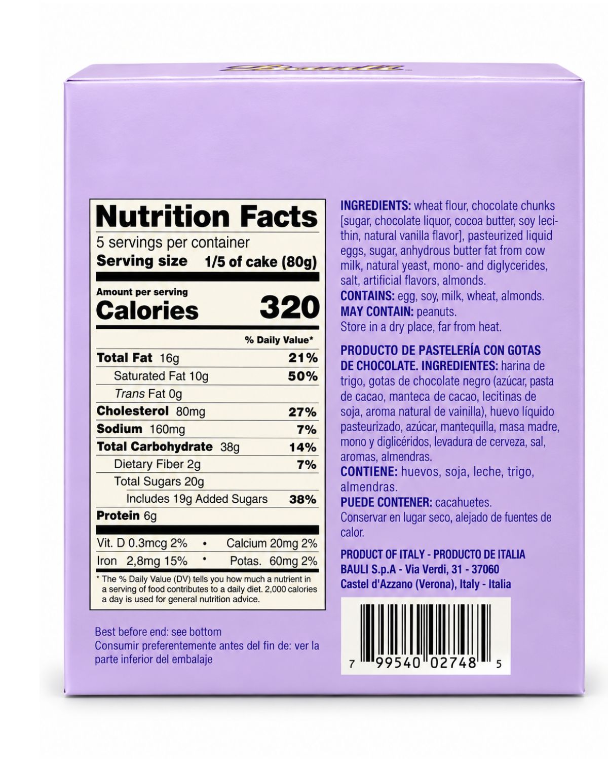 Bauli Chocolate Chip Panettone 470g ingredients nutrition and UPC