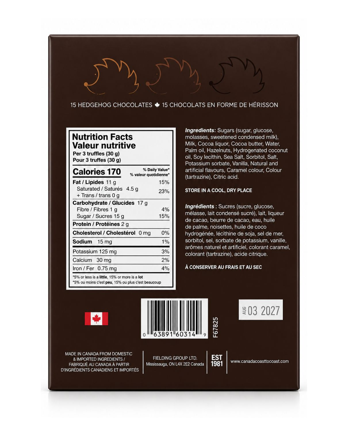 Canada Coast to Coast Hedgehogs Gourmet Chocolate Truffles Gift Box – 3 Flavors (5.28 oz)