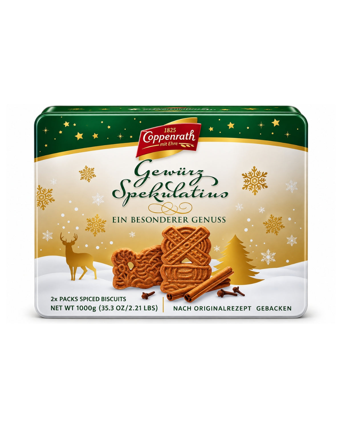 Coppenrath Gewürz Spekulatius German Christmas spiced cookies 1kg green gold gift tin front