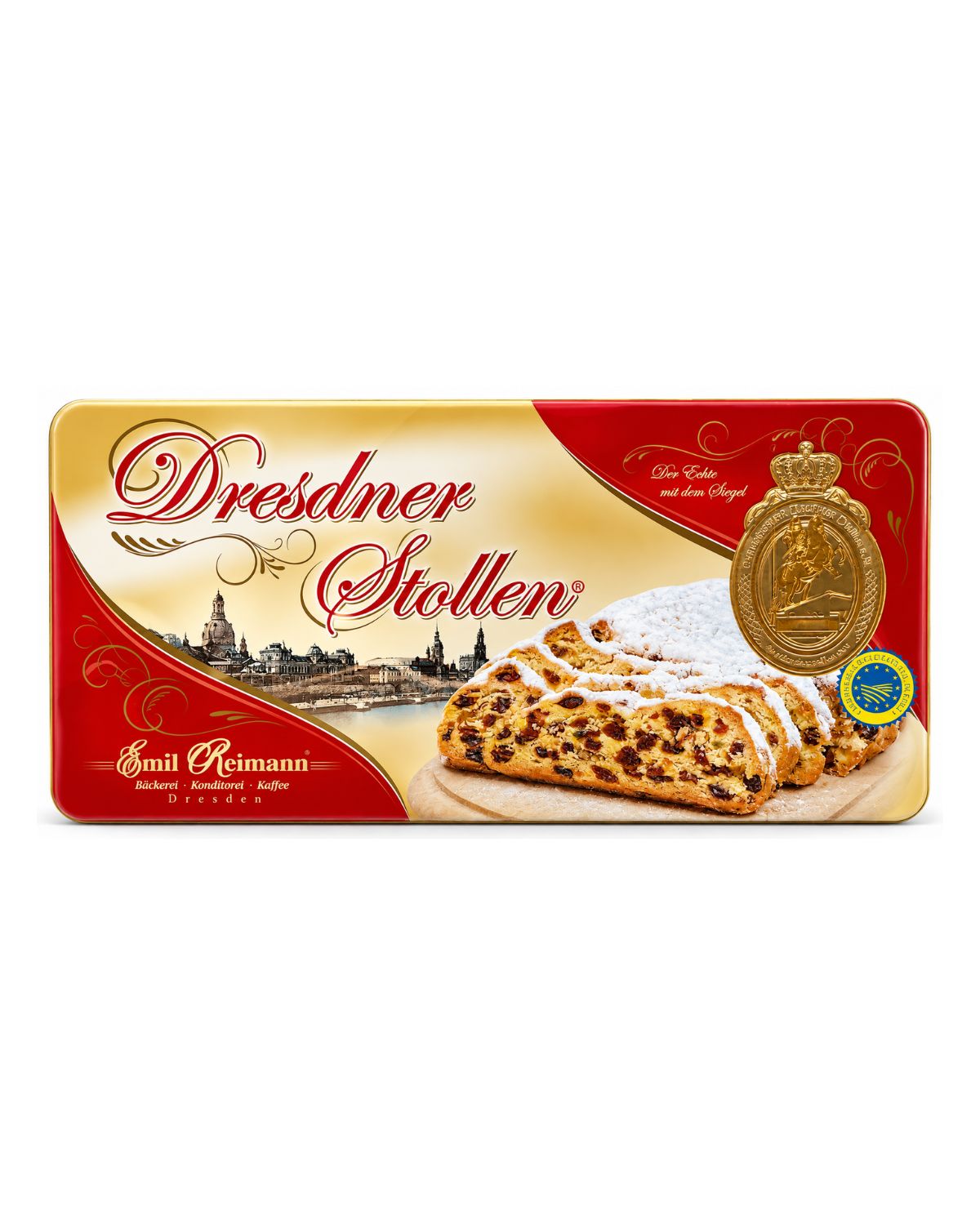 Emil Reimann Original Dresdner Stollen Christmas fruit bread in red and gold 750g gift tin front