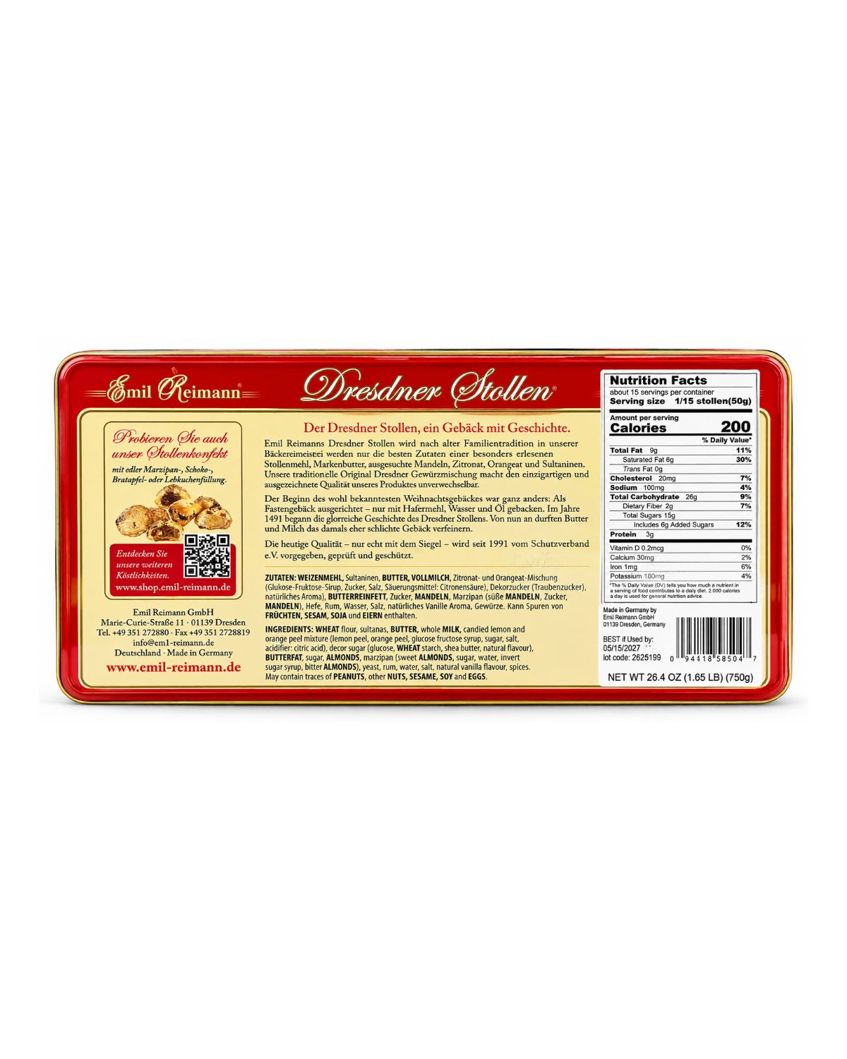 Emil Reimann Dresdner Stollen 750g gift tin back ingredients nutrition UPC