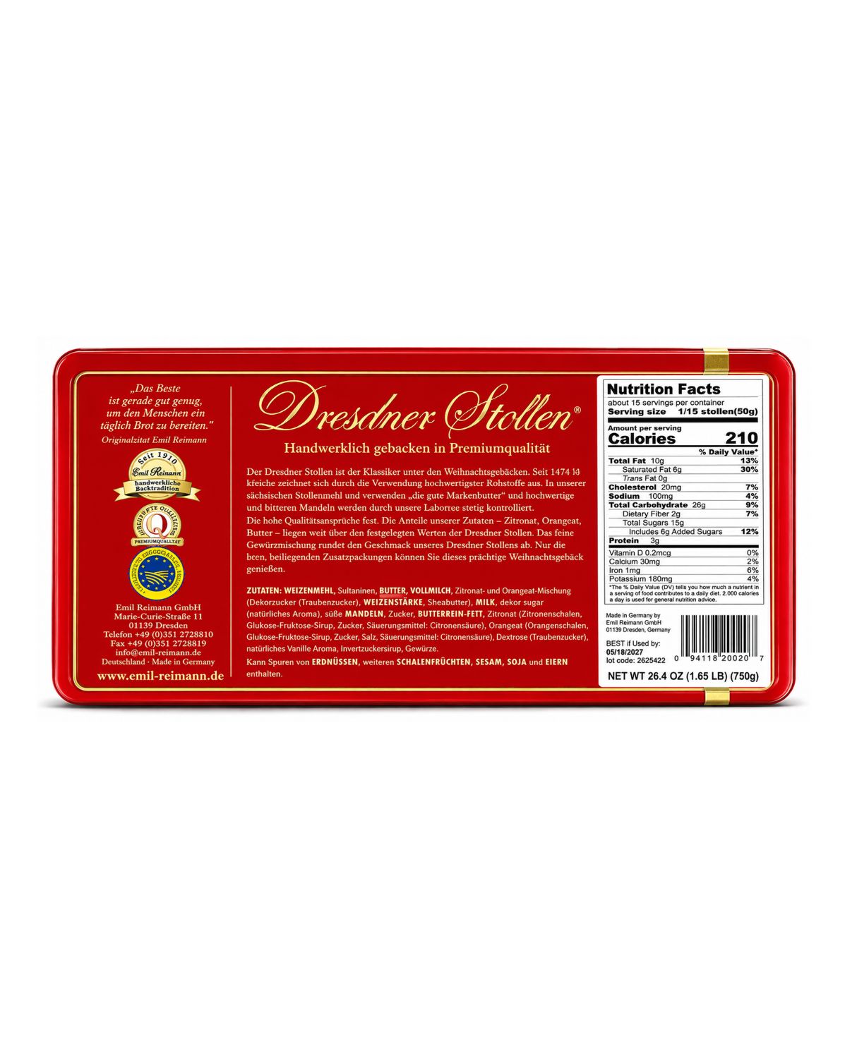 Emil Reimann Dresdner Stollen Frauenkirche Edition 750g gift tin ingredients nutrition and barcode back