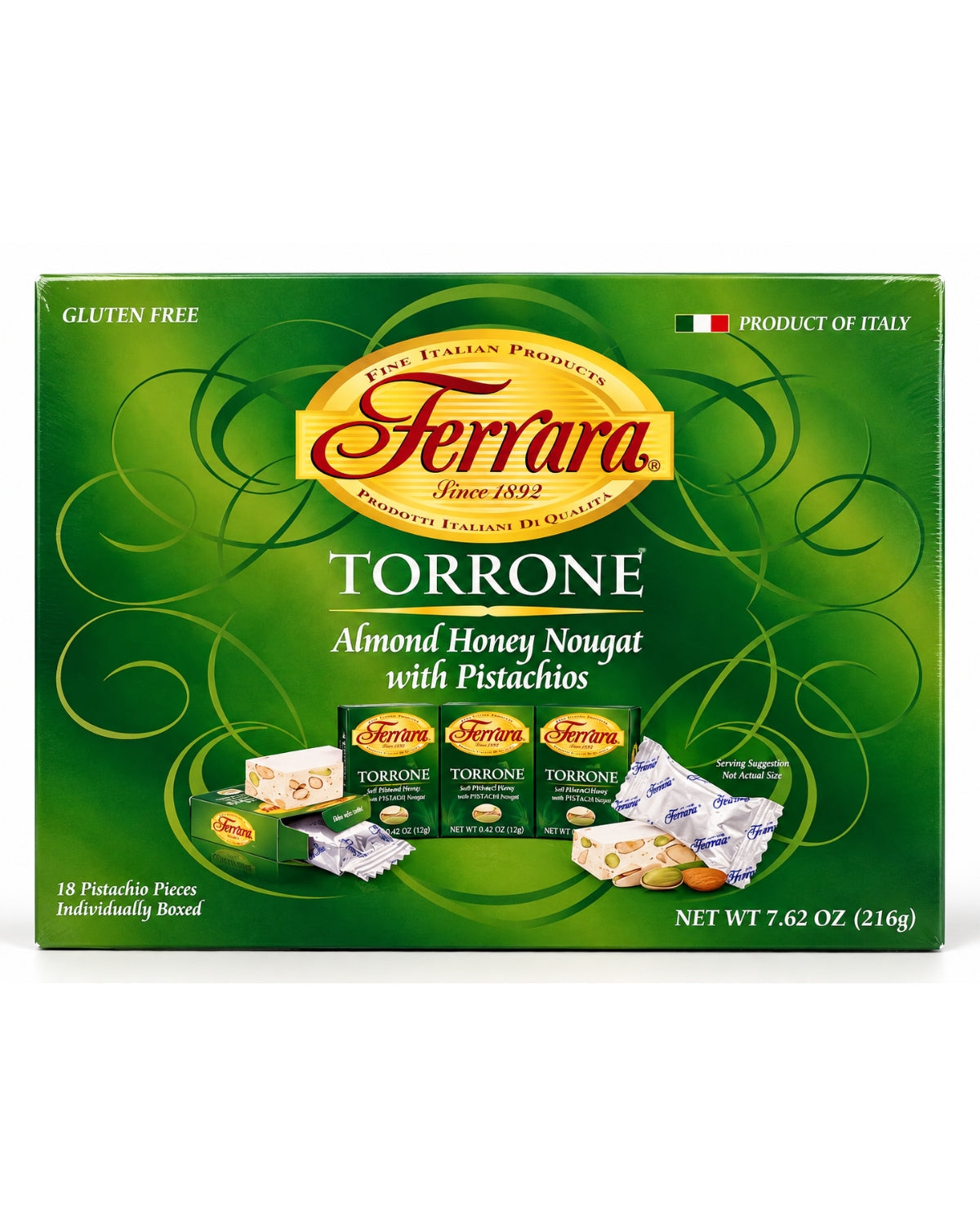 Ferrara Torrone Almond Honey Nougat with Pistachios, 18 Pieces, 7.62 oz