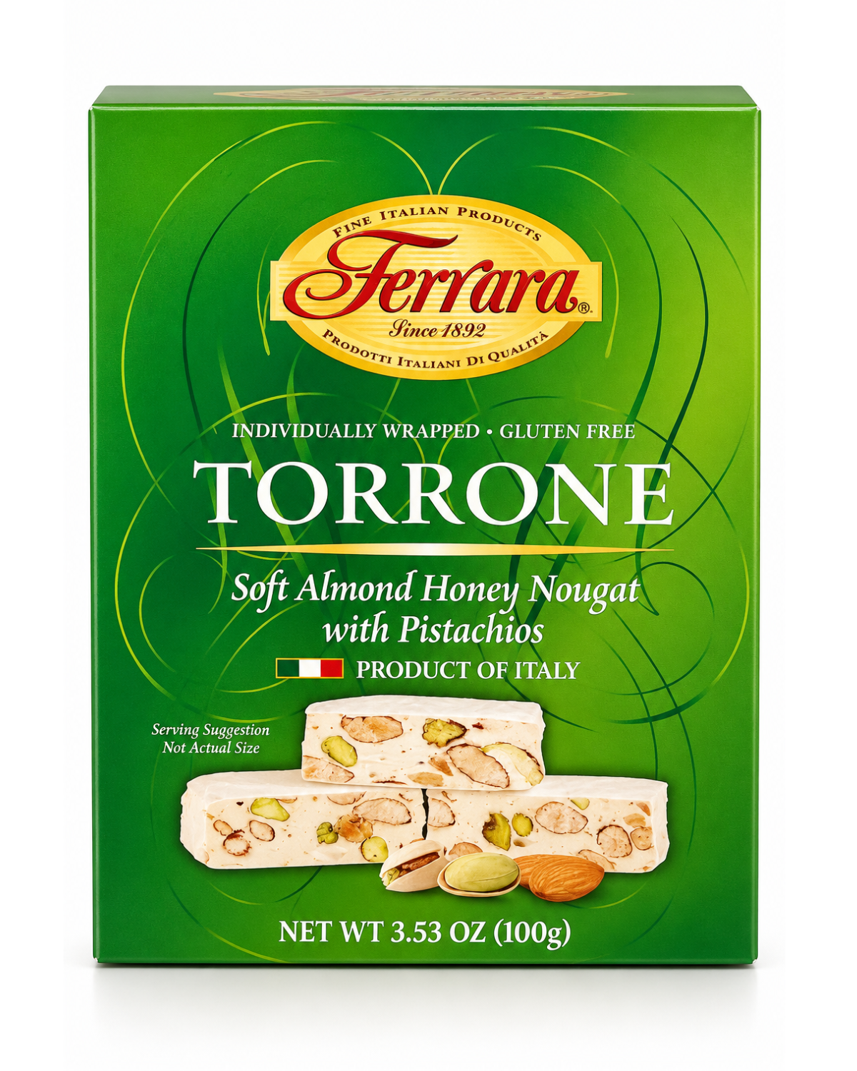 Ferrara Torrone Soft Almond Honey Nougat with Pistachios, 3.53 oz