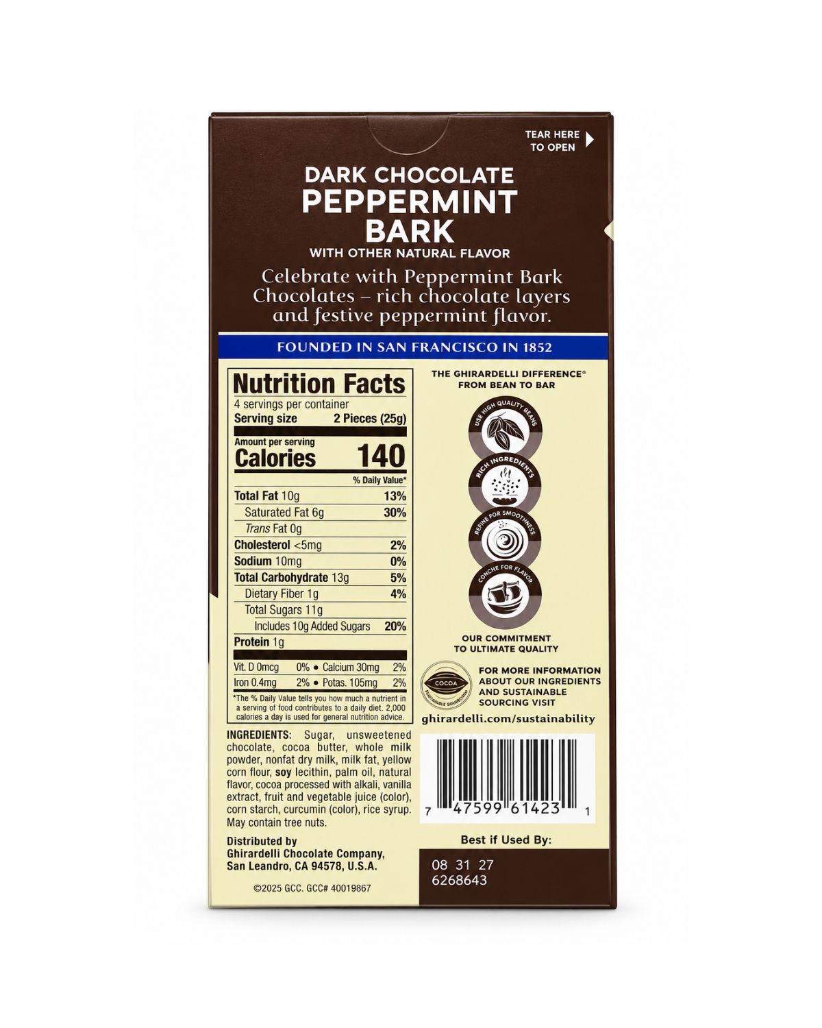 Ghirardelli Dark Chocolate Peppermint Bark Squares 3.5 oz (100 g)