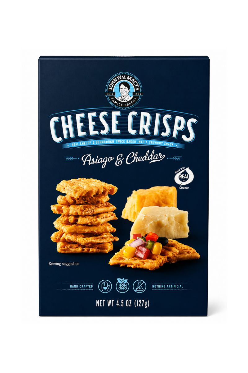 John Wm. Macy's Cheese Crisps Asiago & Cheddar 4.5 oz — twice-baked sourdough crisps