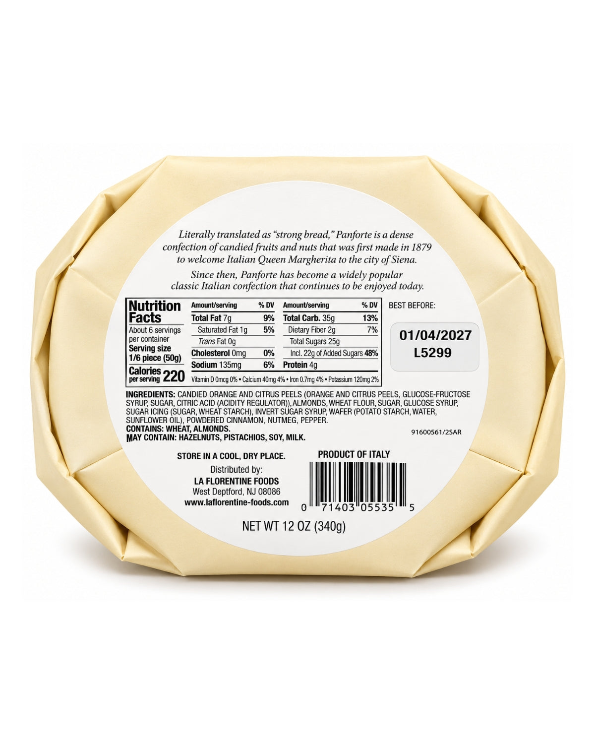 La Florentine Panforte Italian Fruit & Nut Cake – 12 oz