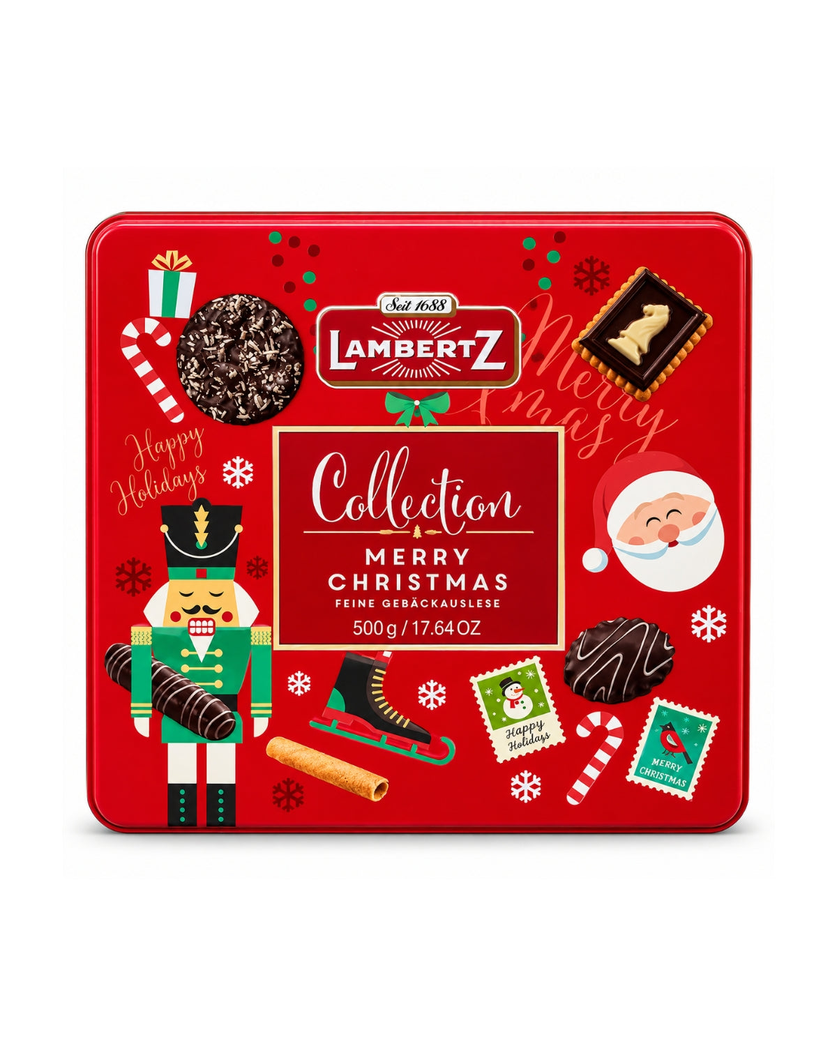 Lambertz Collection Merry Christmas Assorted Cookies Gift Tin – 17.64 oz (500 g)