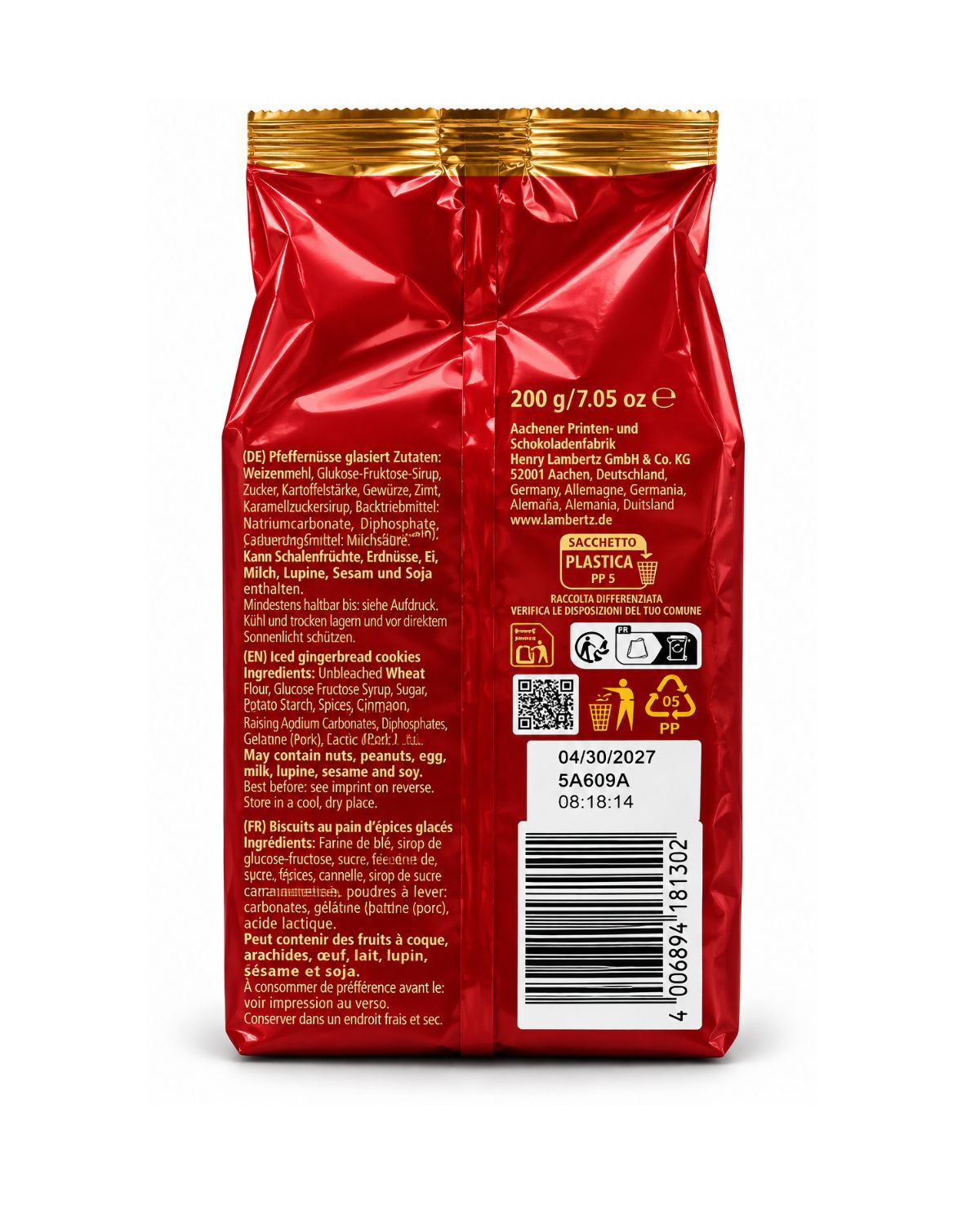 Lambertz Pfeffernüsse glazed gingerbread cookies 200g ingredients barcode back