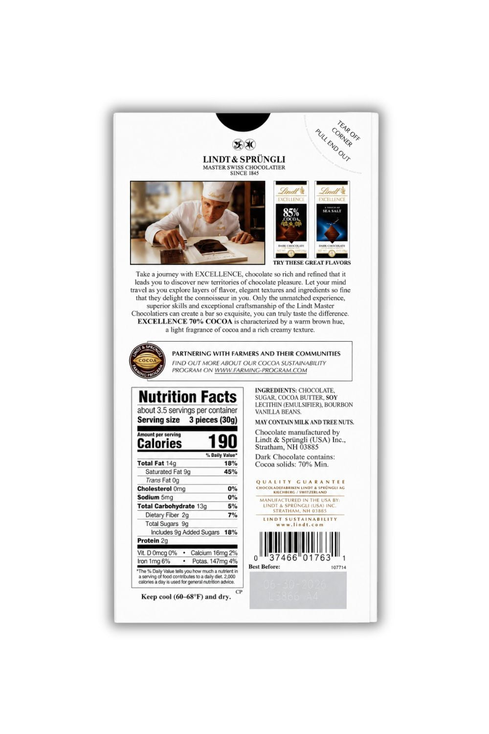 Lindt Excel 70% Bar,3.5 oz