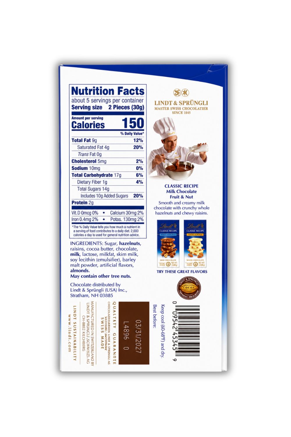 Lindt Whole Hazelnut Fruit & Nut Bar,5.3 oz