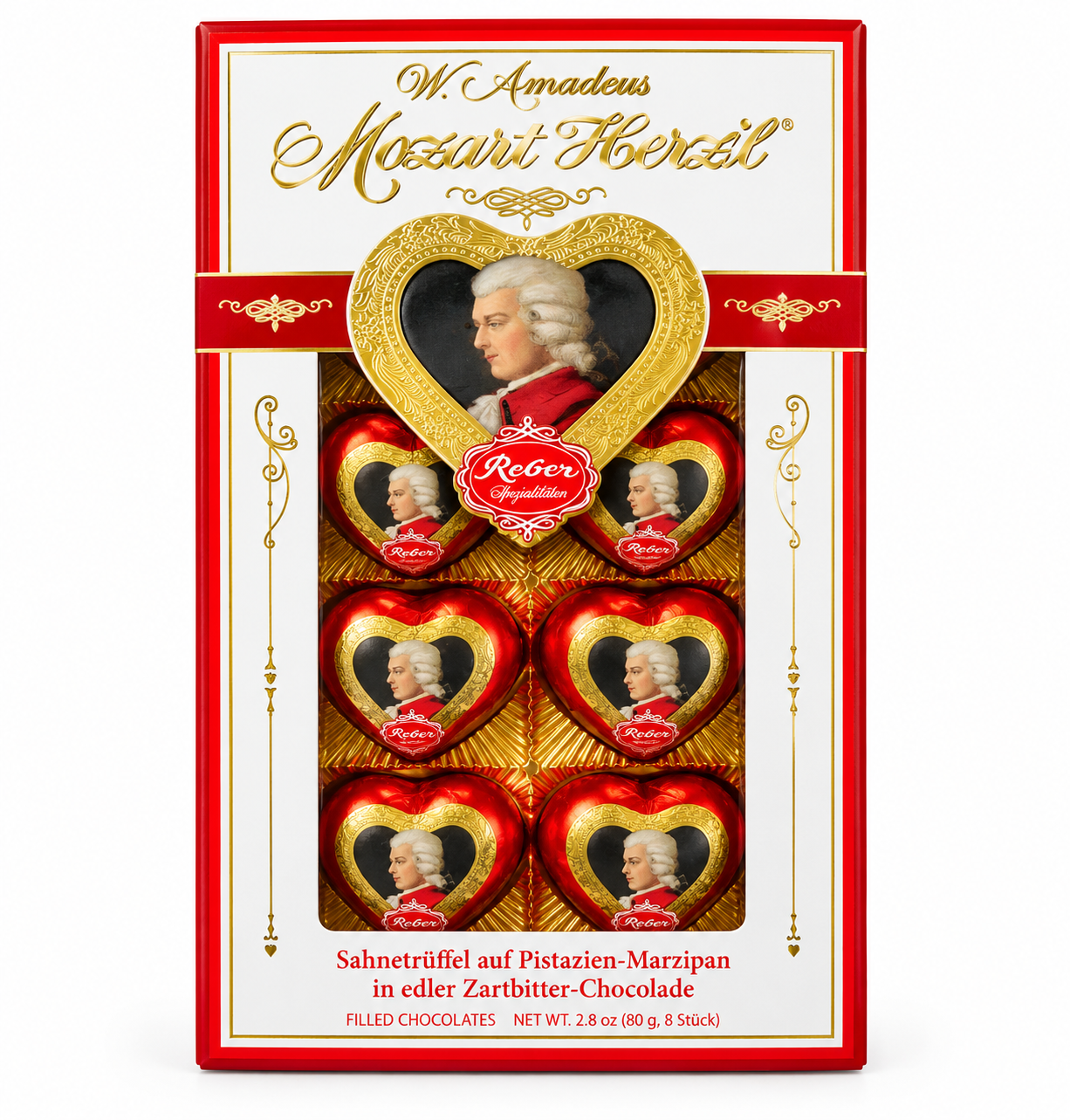 Reber W. Amadeus Mozart-Herzen – Pistachio Marzipan & Dark Chocolate Hearts, 8 Pieces (2.8 oz)