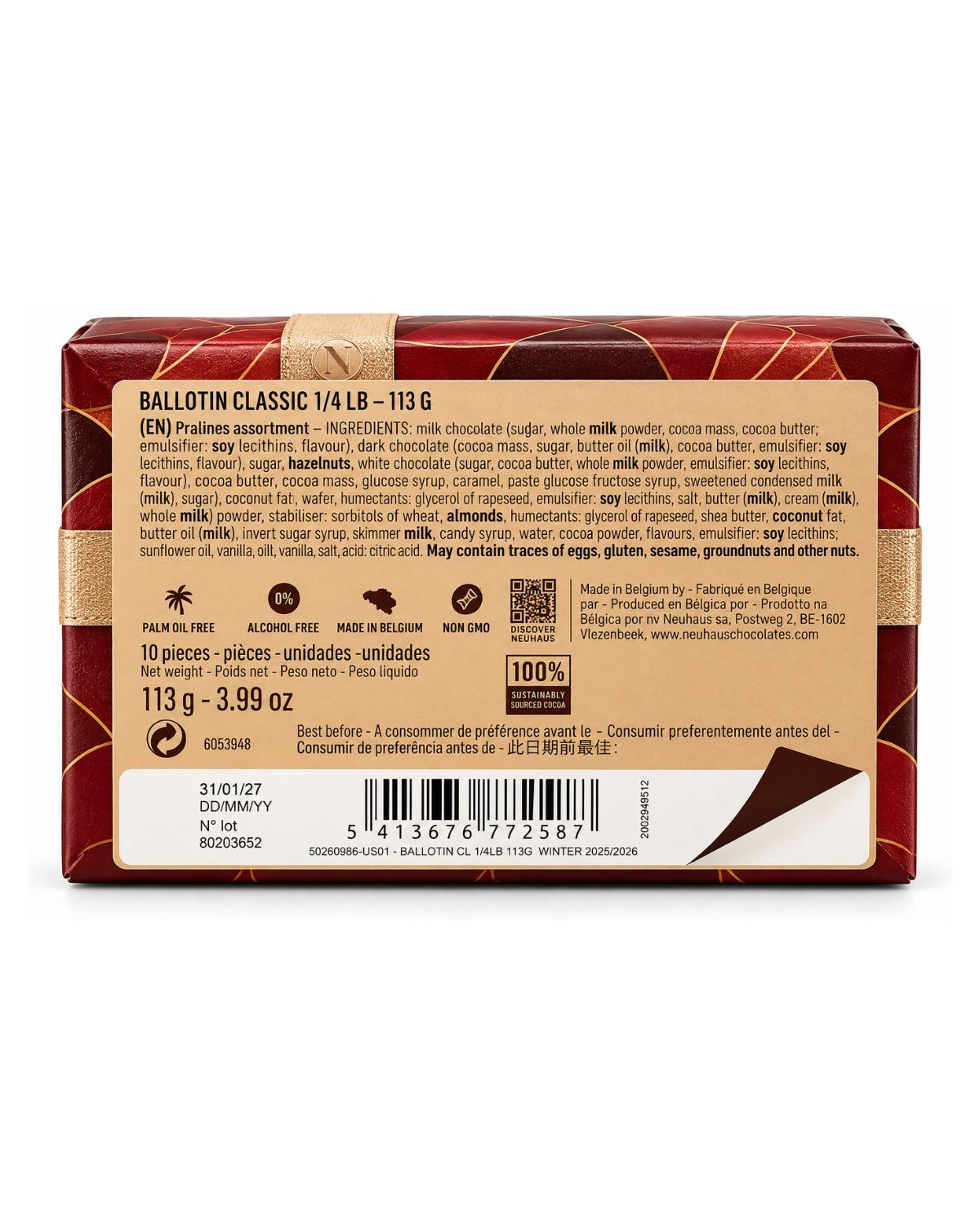 Neuhaus Classic Belgian Chocolate Pralines Gift Box – 10 Pieces (3.98 oz)