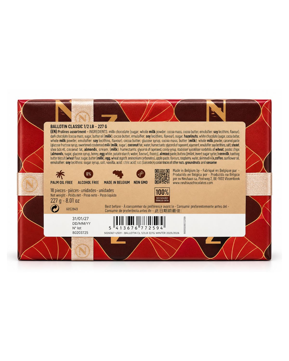 Neuhaus Classic Belgian Chocolate Pralines Gift Box – 18 Pieces (8.01 oz)