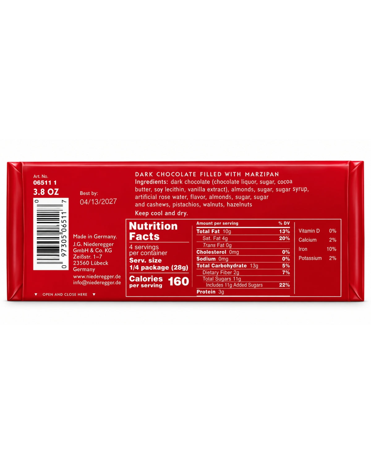 Niederegger Lübeck Classic Marzipan Dark Chocolate Bar – 3.8 oz