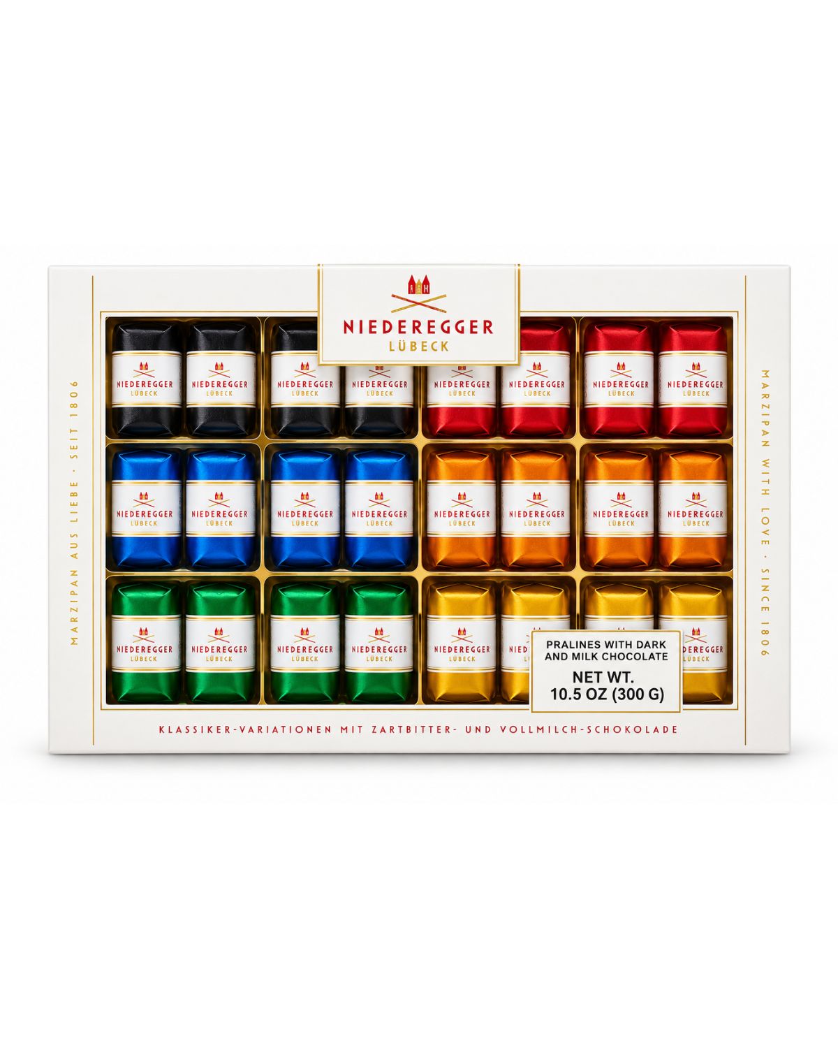 Niederegger Lübeck Classic Marzipan Pralines Gift Box – Dark & Milk Chocolate, 10.5 oz (300 g)
