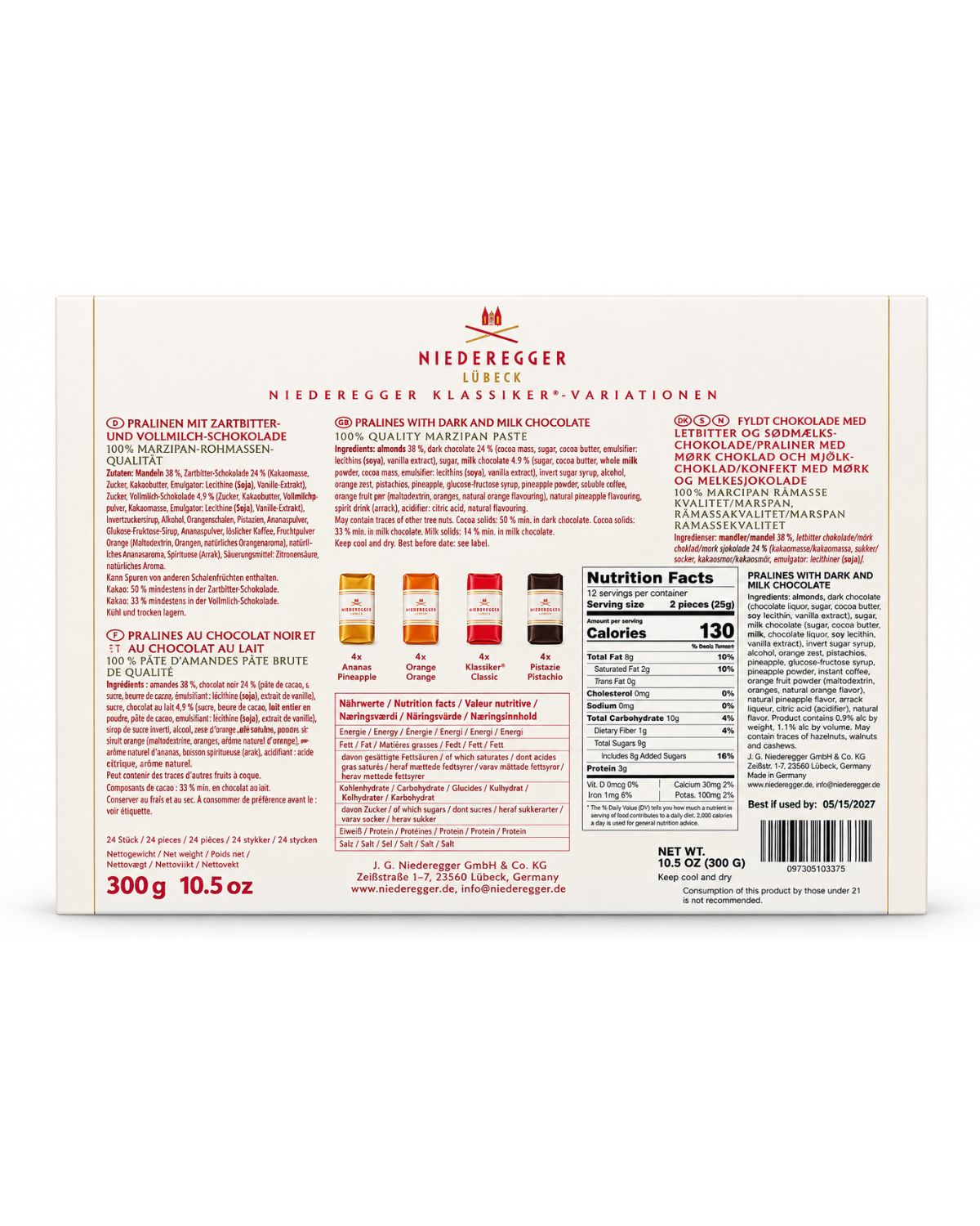 Niederegger Lübeck Classic Marzipan Pralines Gift Box – Dark & Milk Chocolate, 10.5 oz (300 g)