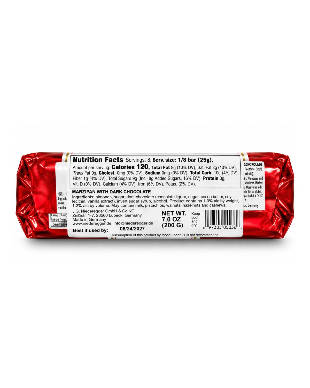 Niederegger Lübeck Classic Marzipan with Dark Chocolate – 7 oz (200 g)