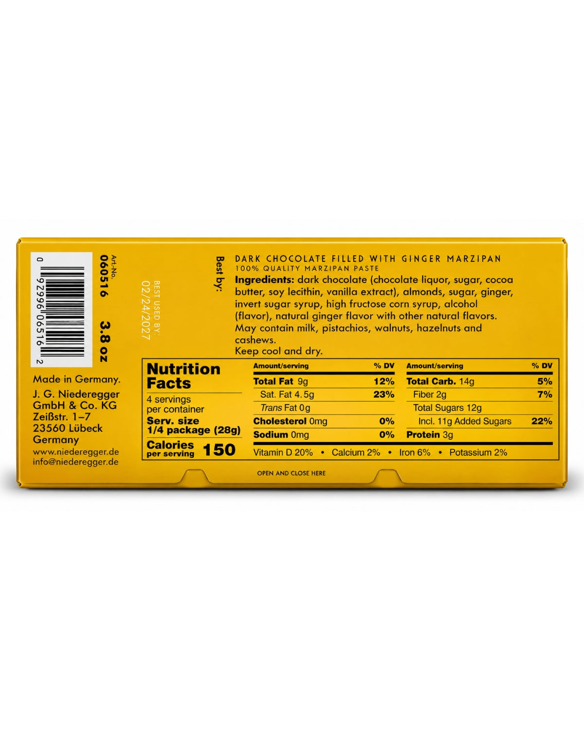 Niederegger Lübeck Ginger Marzipan Dark Chocolate Bar – 3.8 oz
