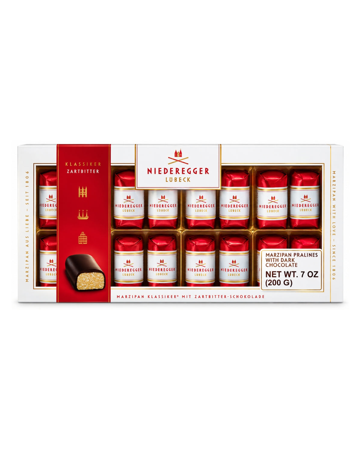 Niederegger Lübeck Klassiker Dark Chocolate Marzipan Pralines Gift Box – 7 oz (200 g)