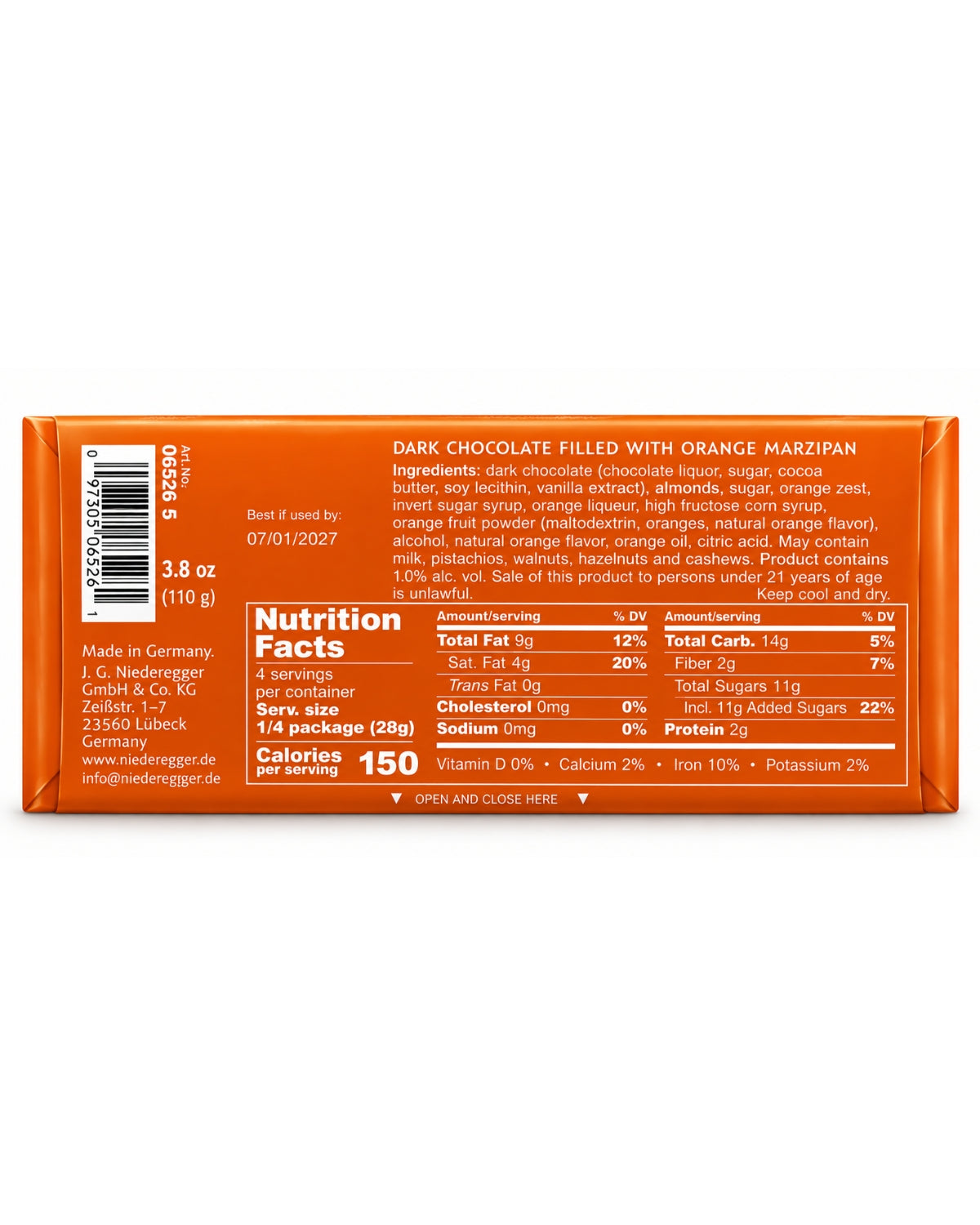 Niederegger Lübeck Orange Marzipan Dark Chocolate Bar – 3.8 oz