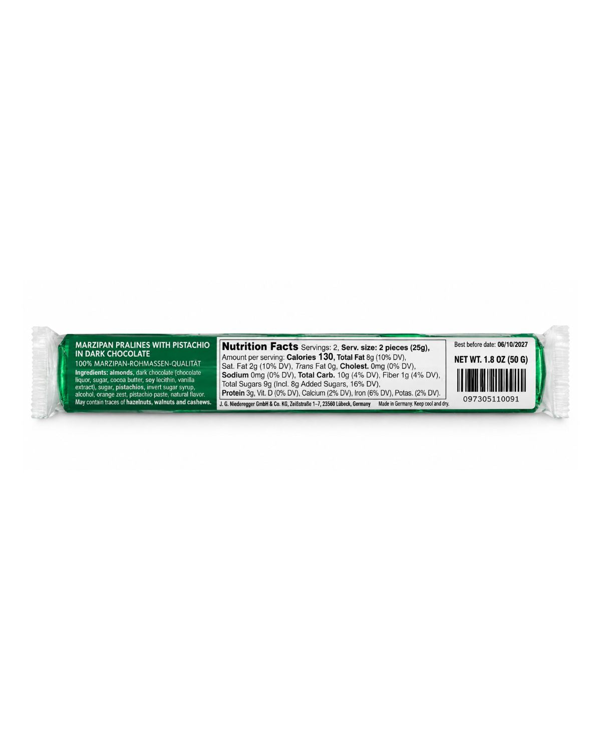 Niederegger Lübeck Pistachio Marzipan Pralines in Dark Chocolate – 1.8 oz (50 g)