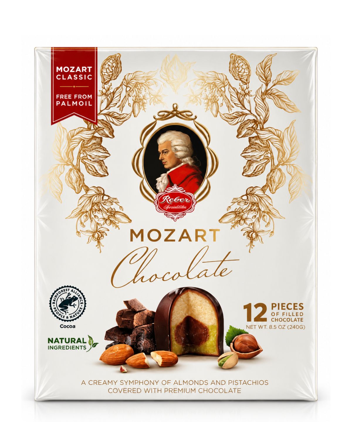 Reber Mozart Kugel Portrait Gift Box – German Chocolate Pralines, 8.5 oz (12 Pieces)