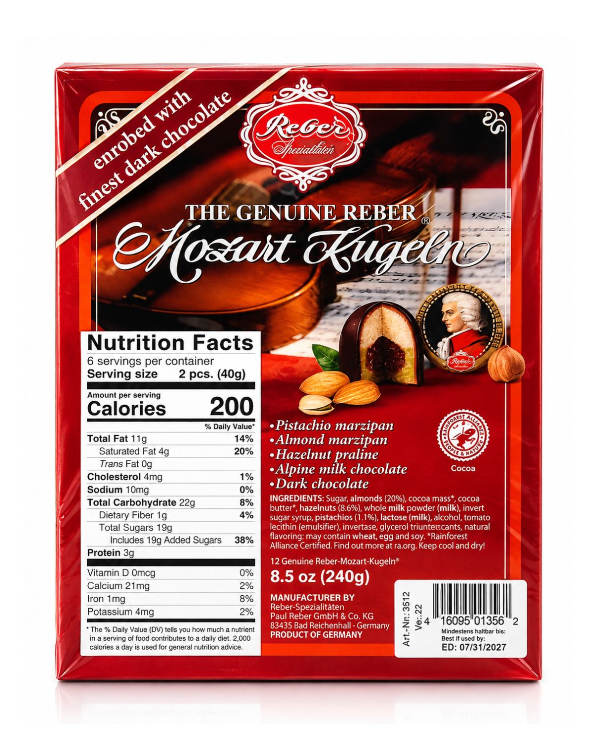 Reber Mozart Kugel Portrait Gift Box – German Chocolate Pralines, 8.5 oz (12 Pieces)