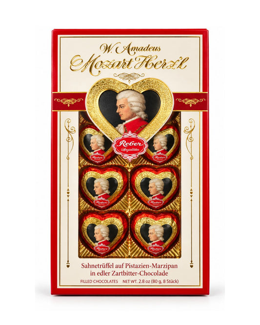 Reber W. Amadeus Mozart-Herzen – Pistachio Marzipan & Dark Chocolate Hearts, 8 Pieces (2.8 oz)