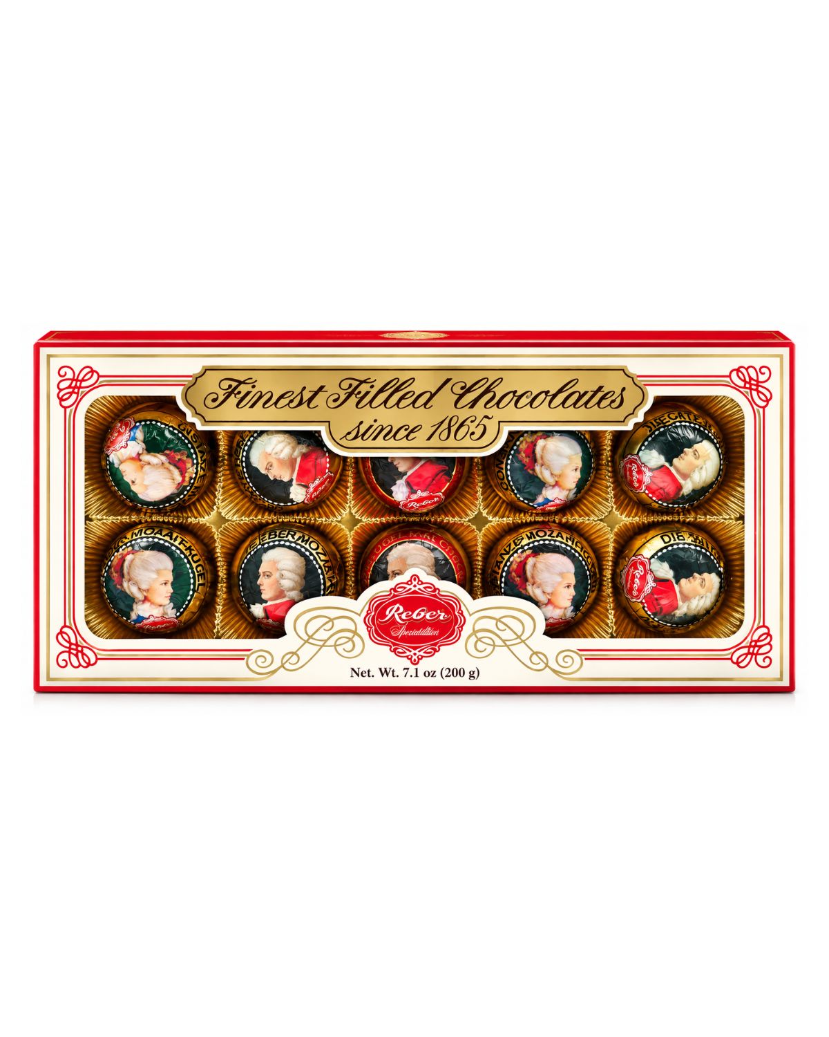 Reber Mozart Kugeln – German Filled Chocolate Pralines Gift Box, 10 Pieces (7.1 oz / 200 g)