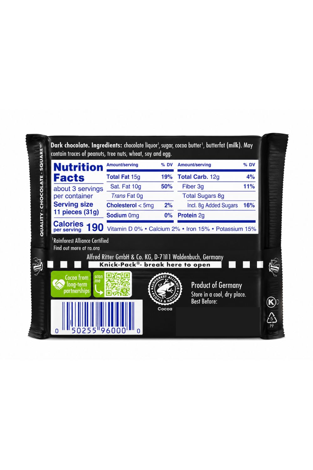 Ritter Sport Fine Dark Choc 70% Cocoa,3.5 oz