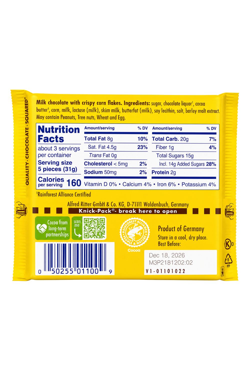 Ritter Sport Milk Choc W Cornflakes,3.5 oz