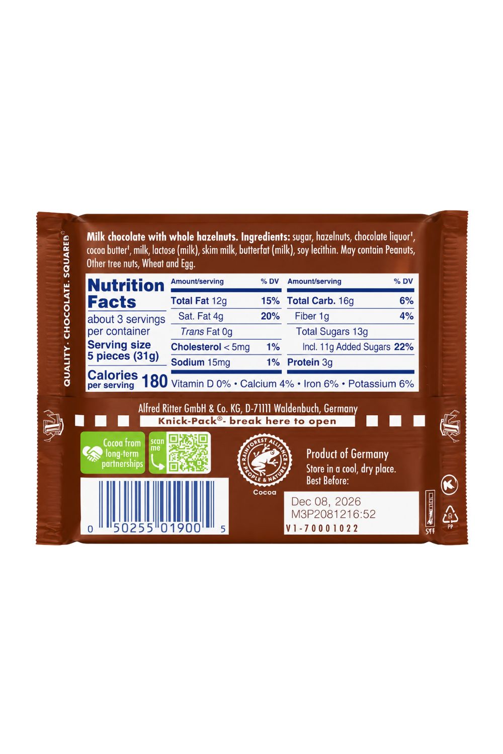 Ritter Sport Milk Choc W Whole Hazelnuts,3.5 oz