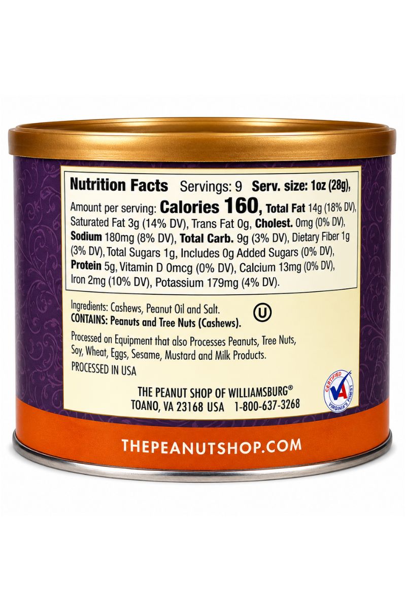 The Peanut Shop of Williamsburg Whole Cashews – Jumbo Lightly Salted, 9 oz