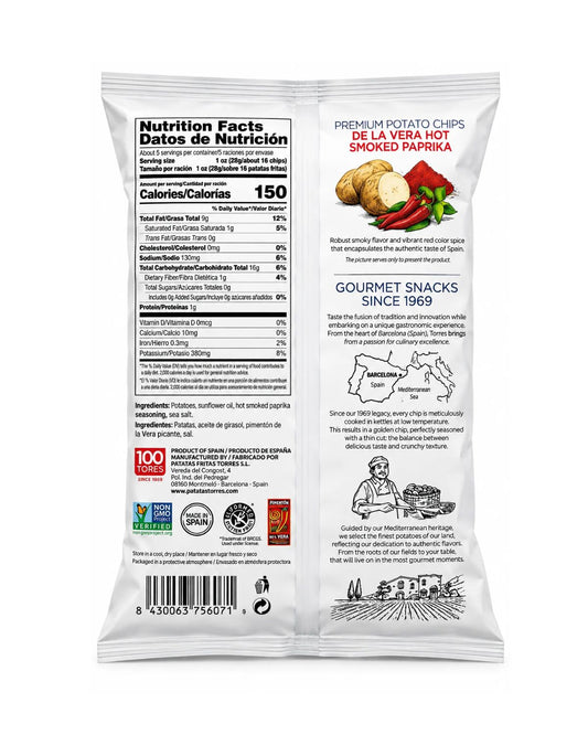 Torres Selecta De La Vera Hot Smoked Paprika Premium Potato Chips 5.29 oz (150 g)