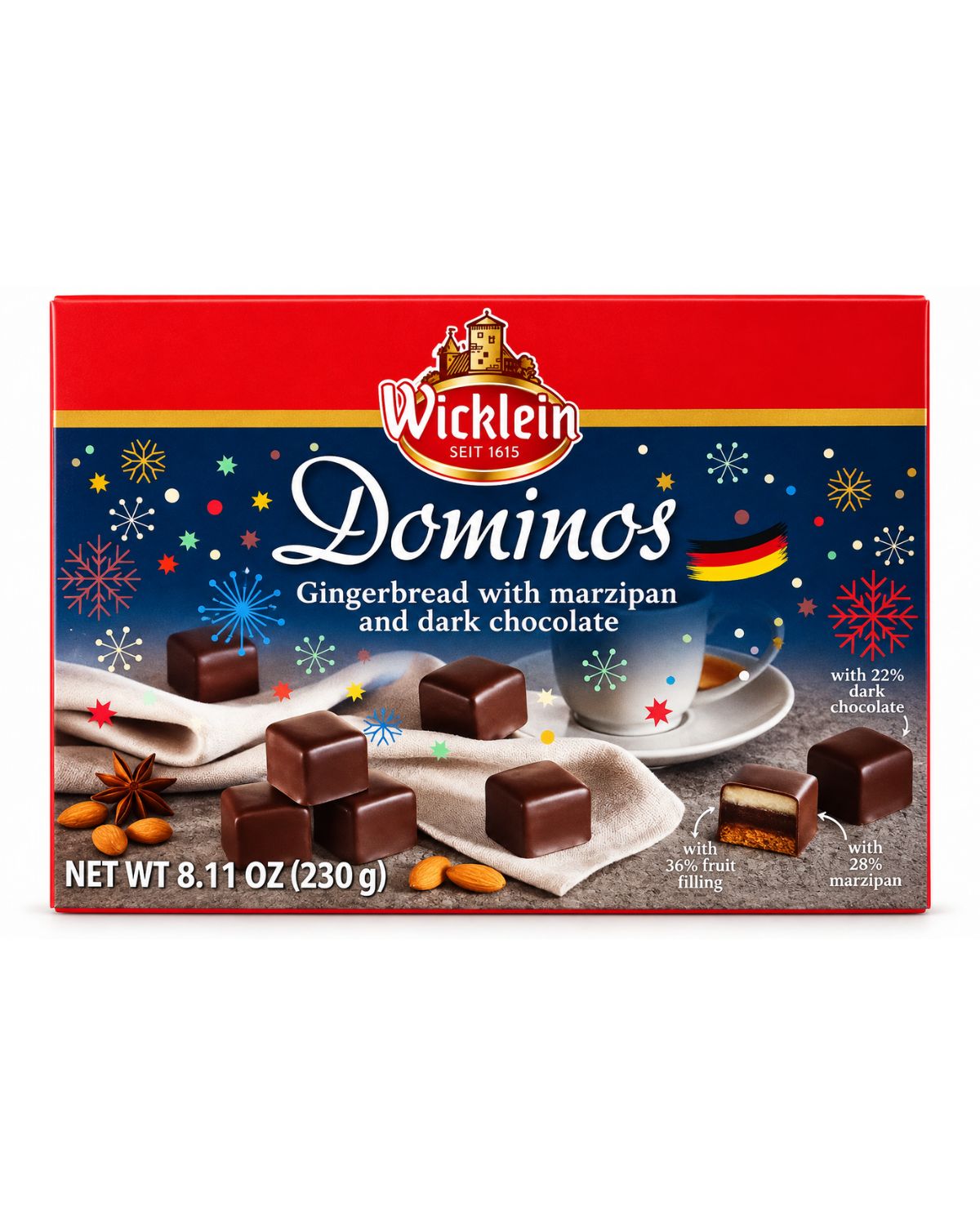 Wicklein Dominos German Gingerbread with Marzipan, Fruit Filling & Dark Chocolate – 8.11 oz (230 g)