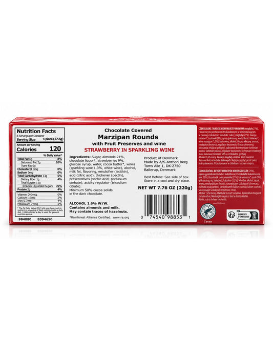 Anthon Berg Strawberry in Sparkling Wine 7.76 oz back package ingredients nutrition facts and allergen information