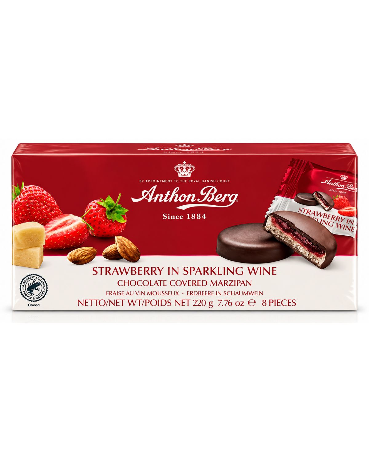 Anthon Berg Strawberry in Sparkling Wine chocolate-covered marzipan 8-piece 7.76 oz red gift box front