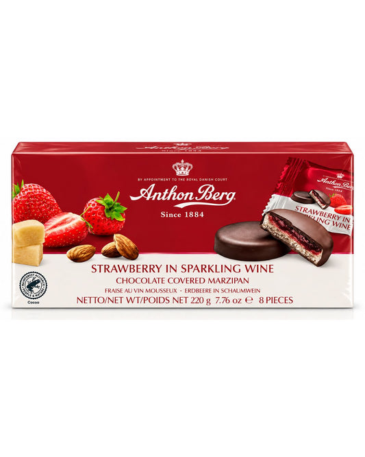 Anthon Berg Strawberry in Sparkling Wine chocolate-covered marzipan 8-piece 7.76 oz red gift box front