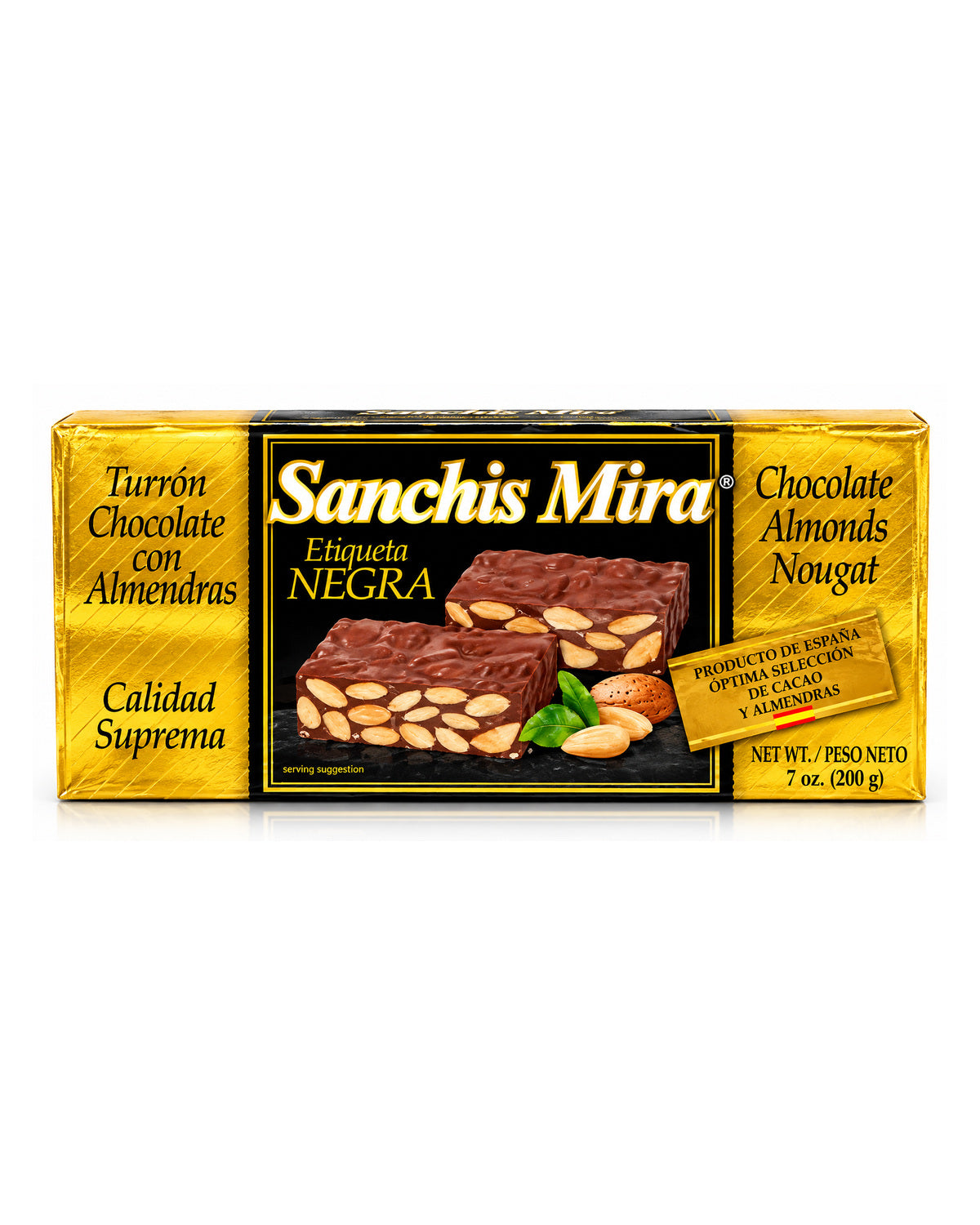 Sanchis Mira Etiqueta Negra Chocolate Almond Turrón – Spanish Christmas Nougat 7 oz product packaging