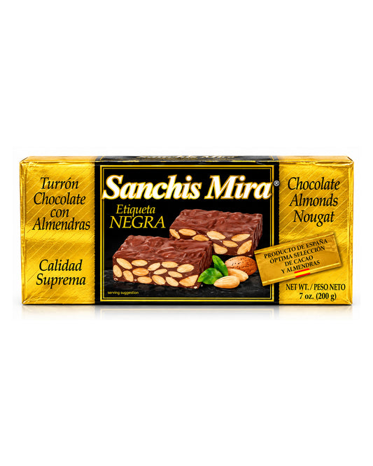 Sanchis Mira Etiqueta Negra Chocolate Almond Turrón – Spanish Christmas Nougat 7 oz product packaging