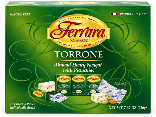 Ferrara Torrone Almond Honey Nougat with Pistachios 18 individually boxed pieces 7.62 oz Product of Italy gluten free