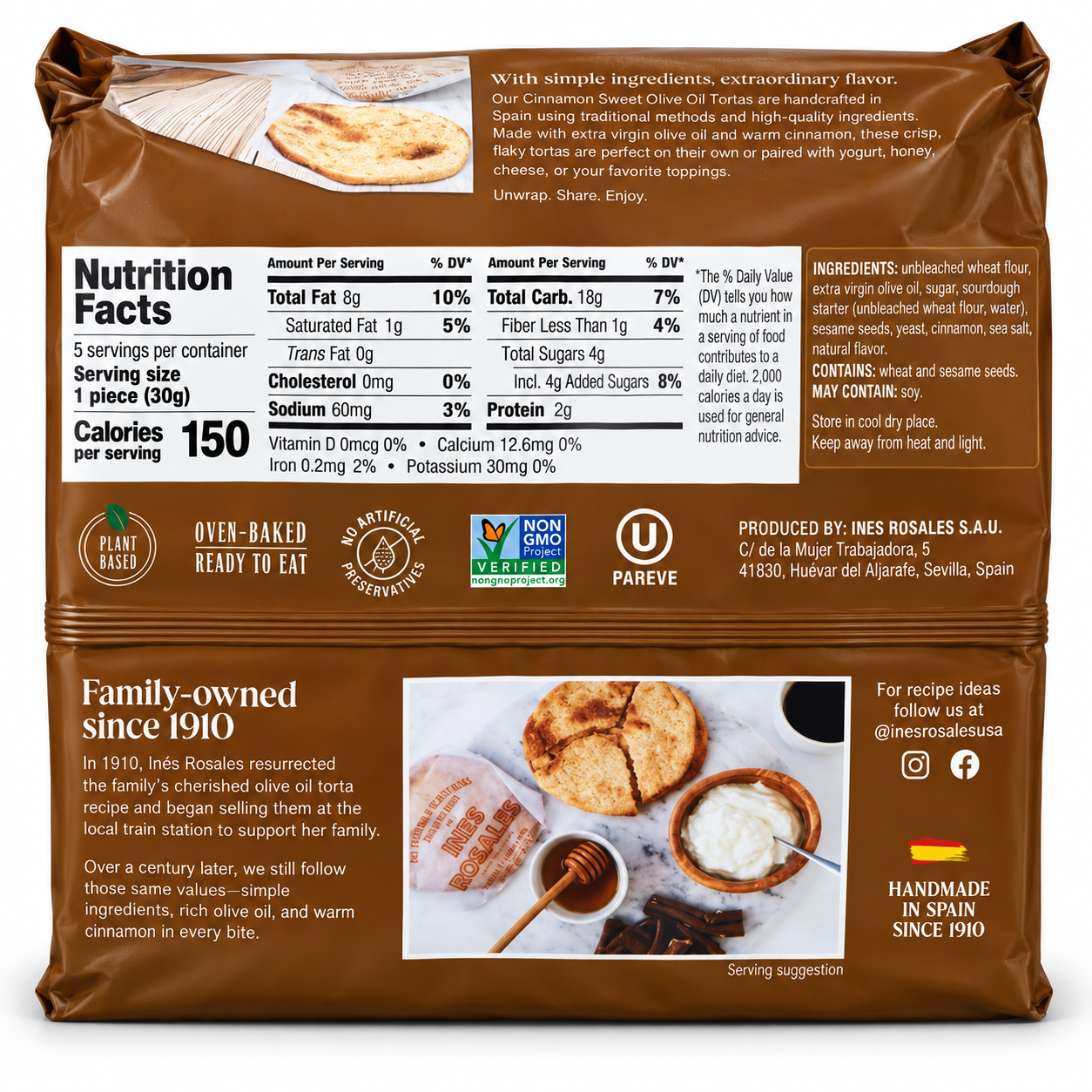 Ines Rosales Cinnamon Sweet Olive Oil Tortas back label with nutrition and ingredients
