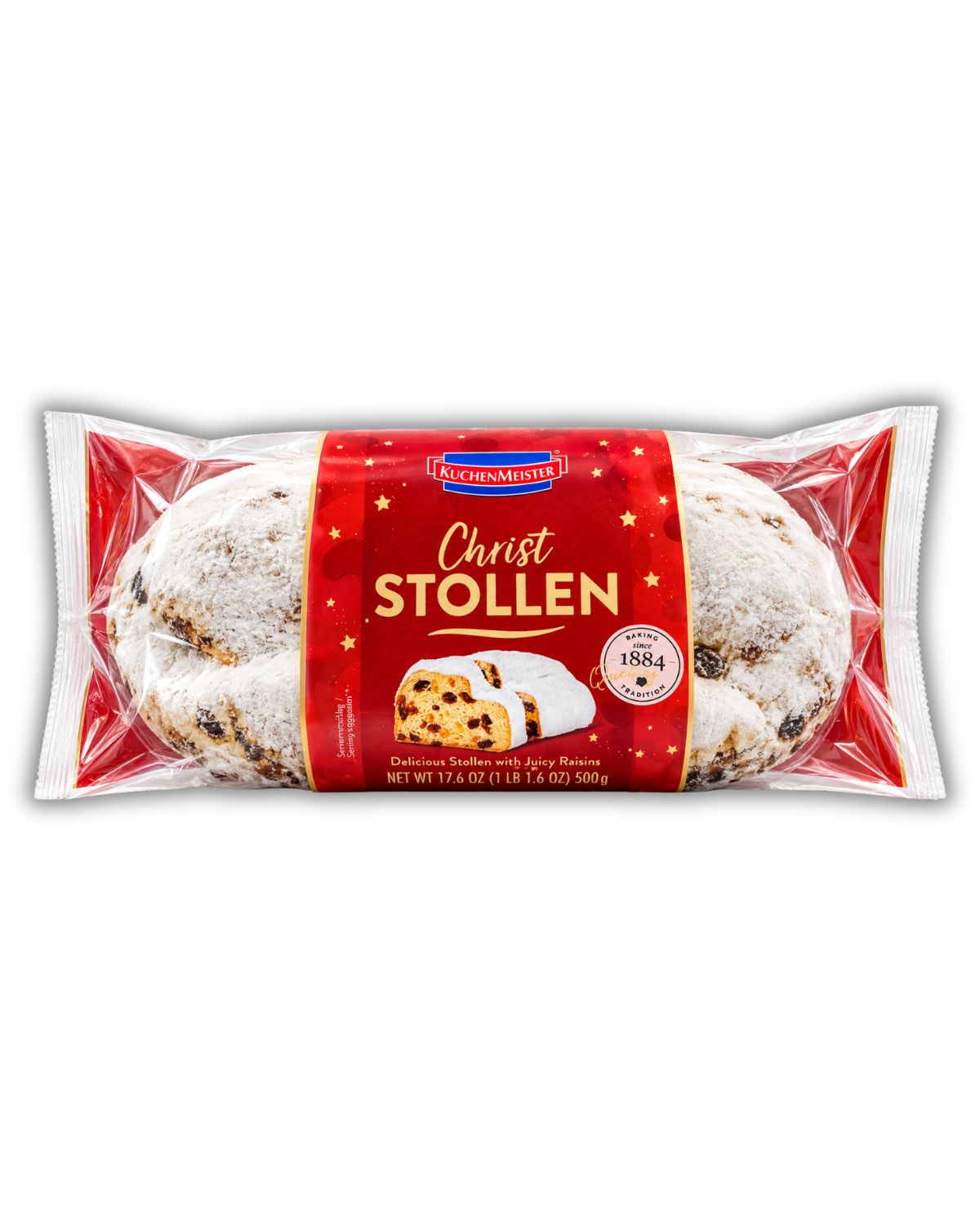 Kuchenmeister Christ Stollen 500g traditional German Christmas fruit bread with raisins front